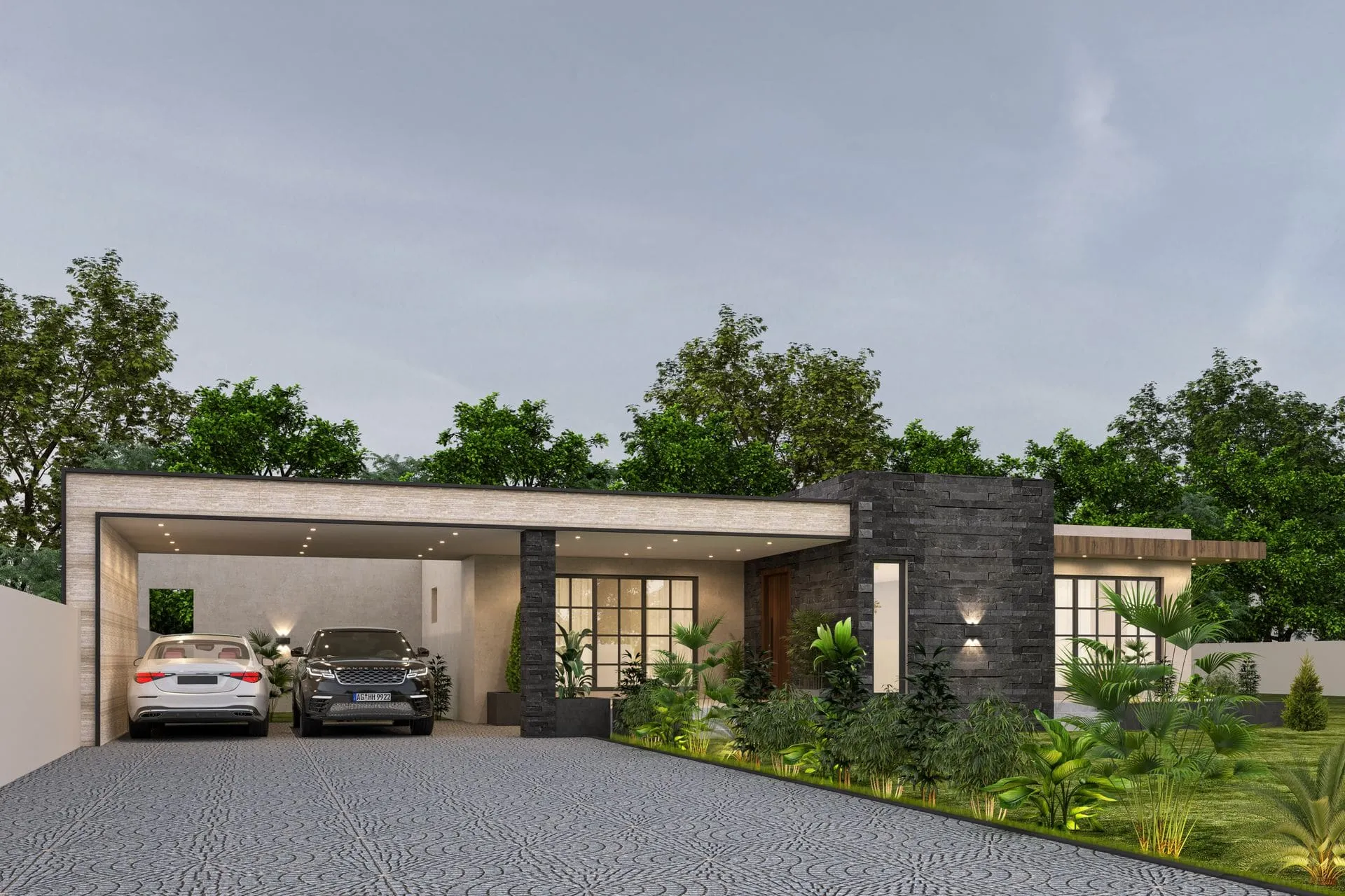 Modern flat roof carport sheltering two cars beside a house, a common carport roof style