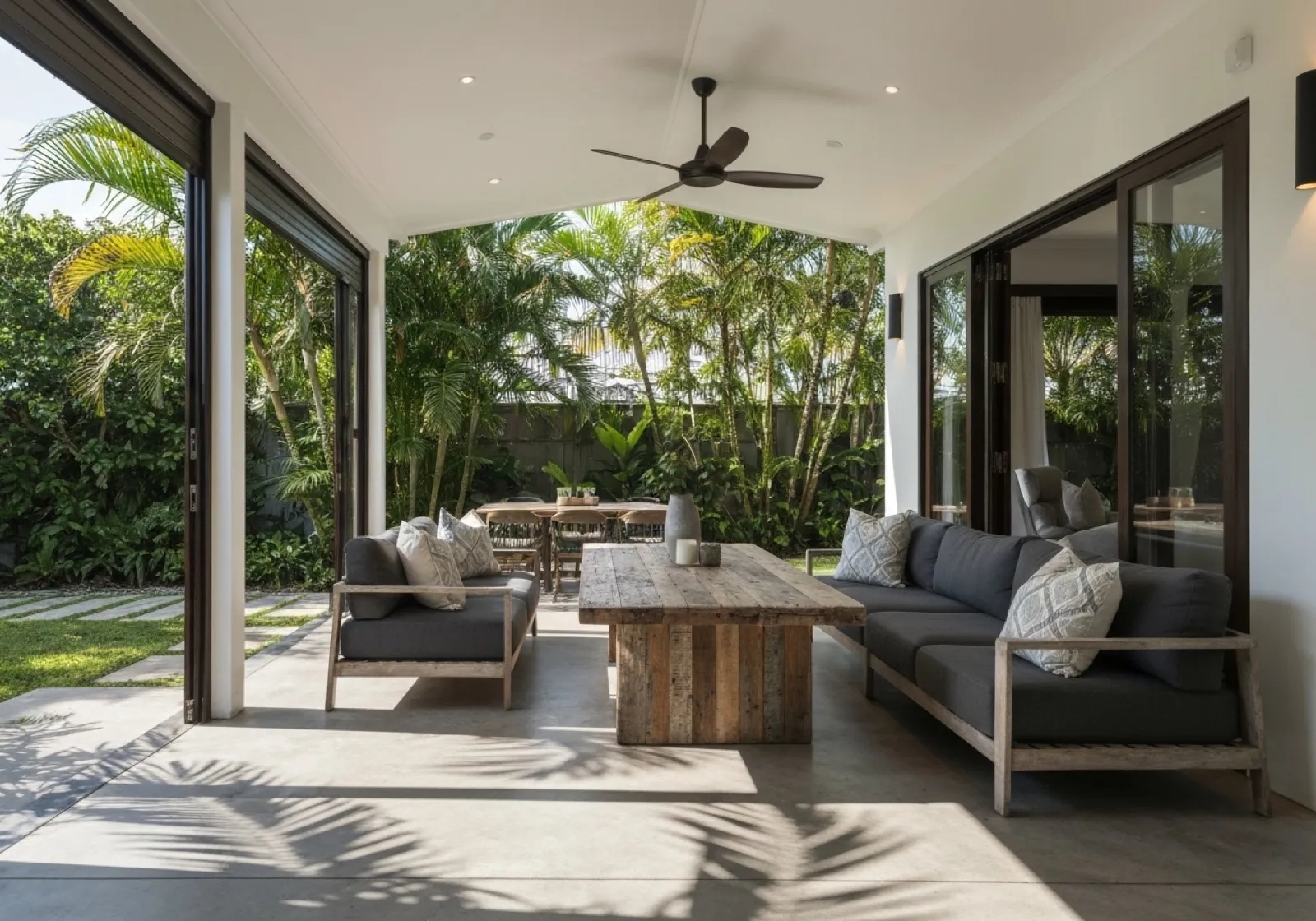 Covered alfresco verandah with outdoor lounge, dining table and ceiling fan