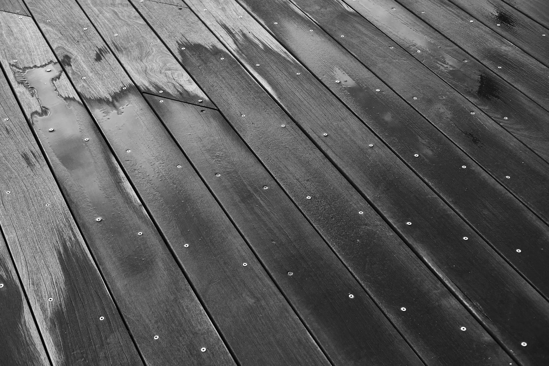Wet timber decking boards after deck cleaning, showing the grain and fixing lines