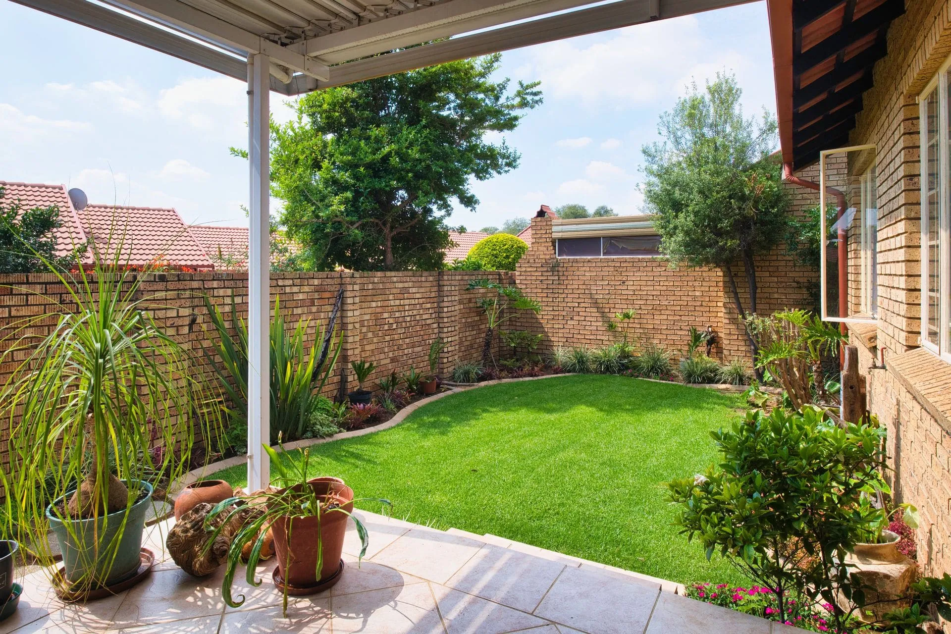 Light-filled patio roof on slim posts over a garden, a polycarbonate pergola roof option