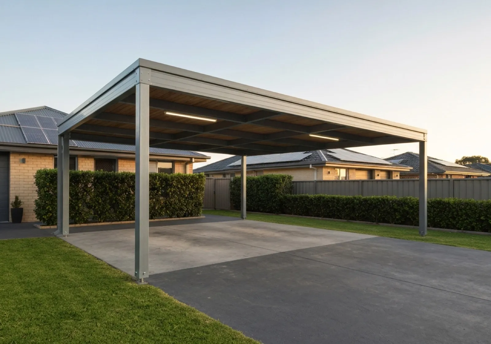 Double steel carport with flat roof over a concrete driveway in Adelaide